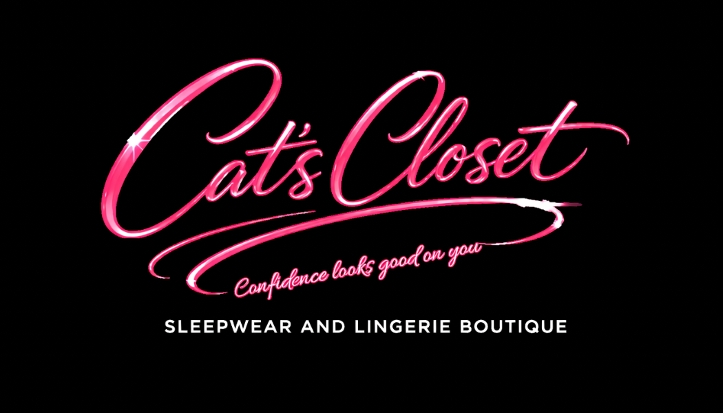Pink cursive text reads 'Cat's Closet' with a tagline and description of sleepwear and lingerie boutique.