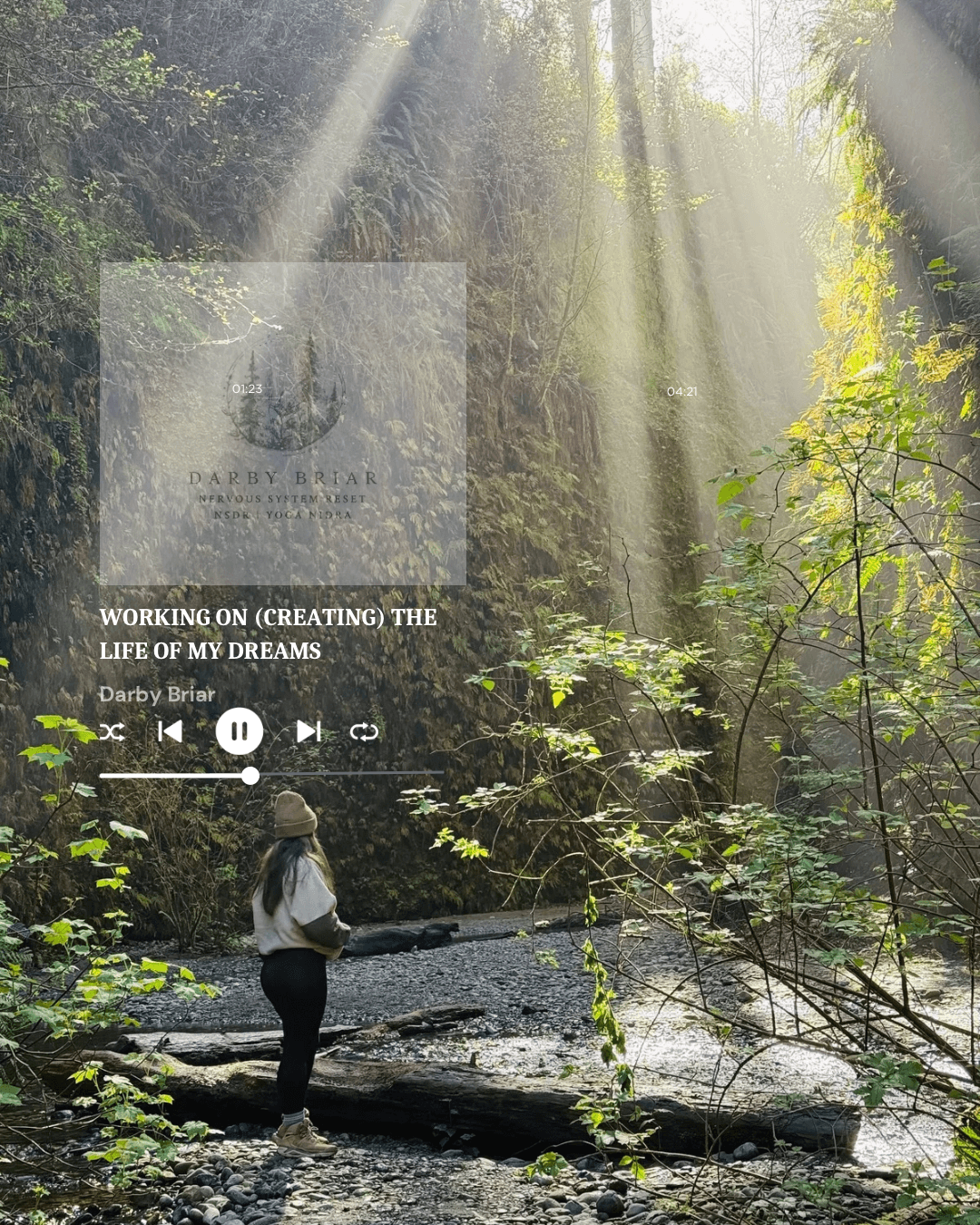 Person standing on rocks in a forest with sunlight streaming through trees, creating a serene natural scene.