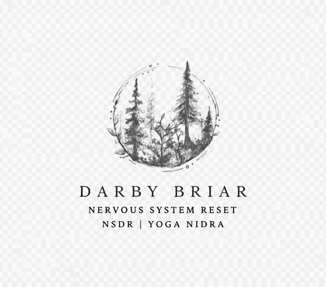 Logo with trees inside a circle, text reads 'Darby Briar' and 'Nervous System Reset', 'NSDR', 'Yoga Nidra'.