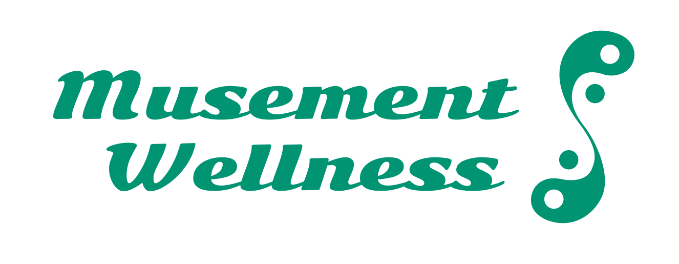 Text logo reading 'Musement Wellness' with a yin-yang symbol, in green, on a white background.