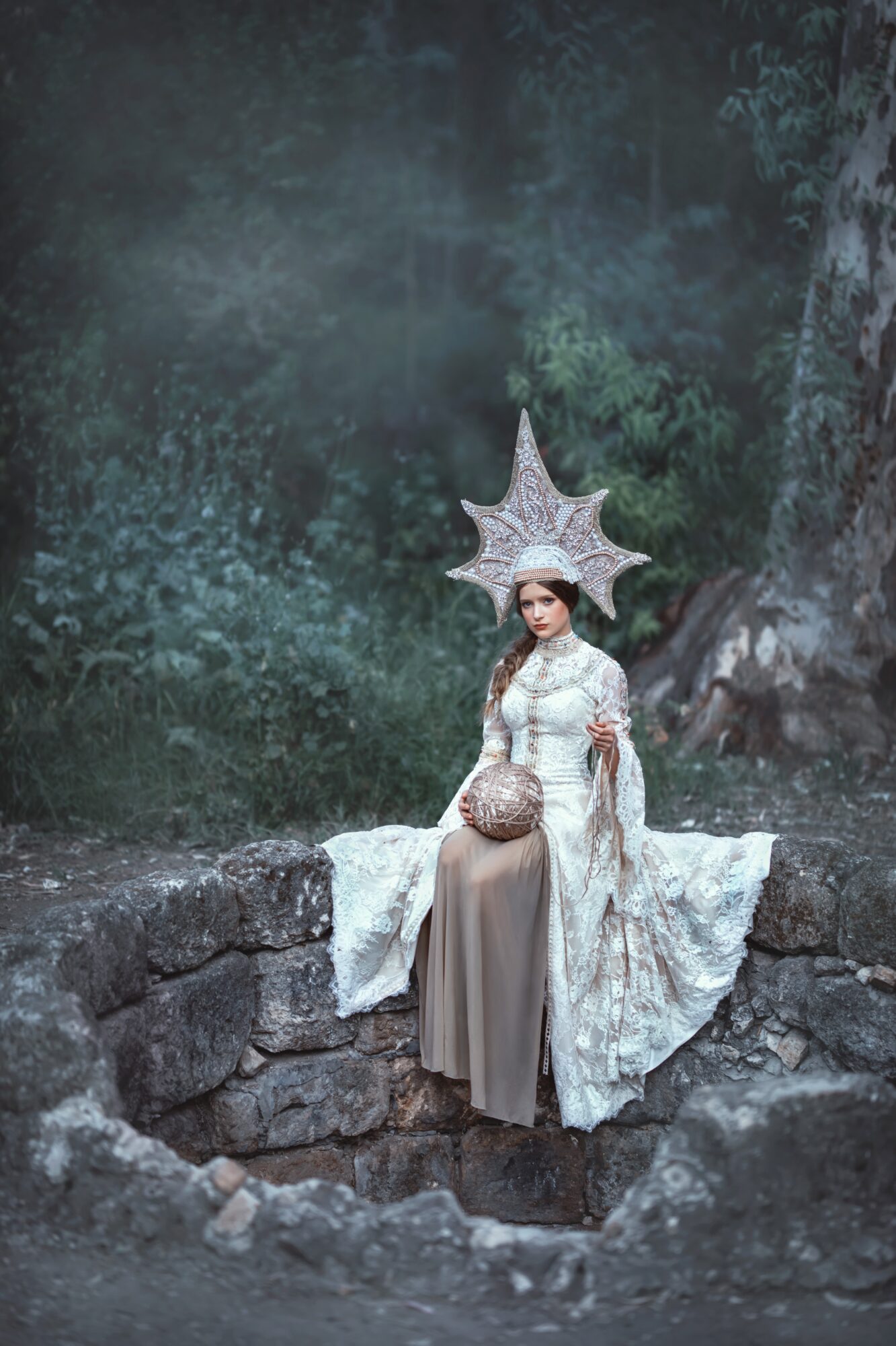 Woman in elaborate costume with large headdress sitting on stone, forest background, misty atmosphere.