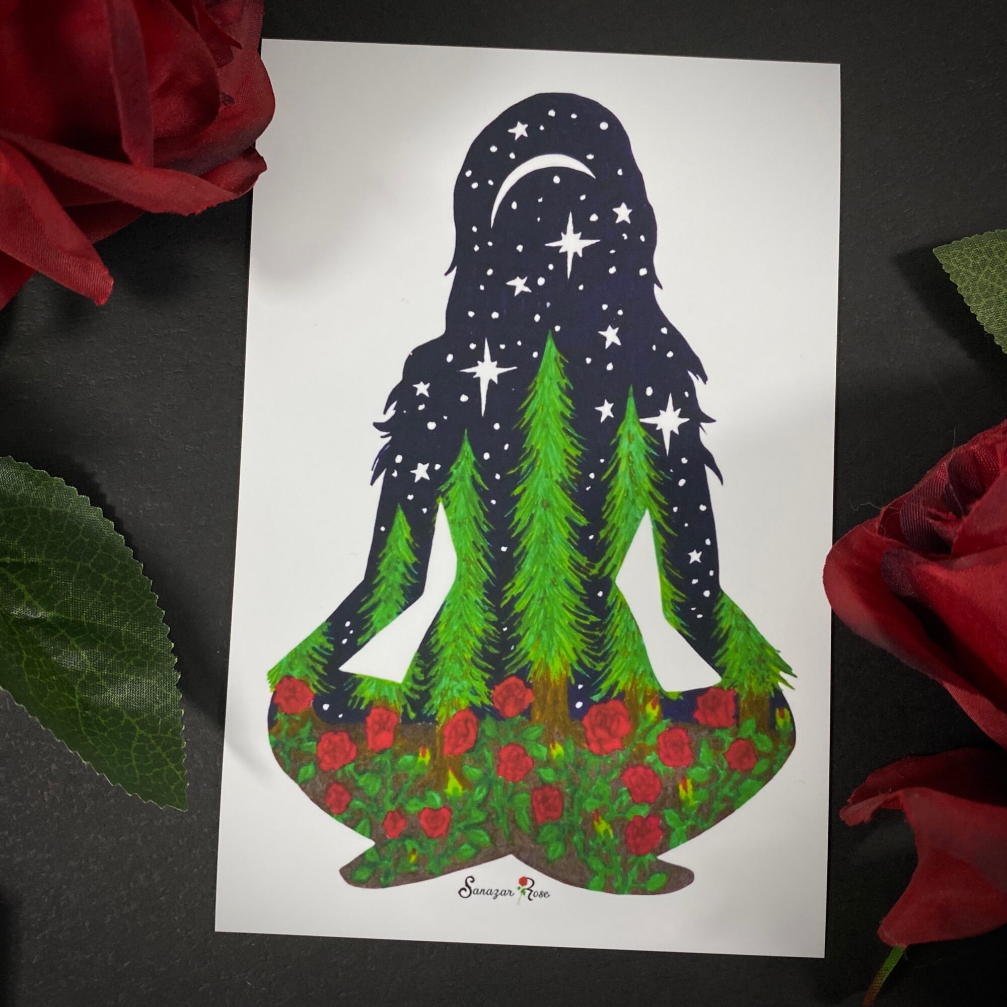 Silhouette of a person sitting cross-legged with a night sky and stars inside, and trees and flowers at the base.