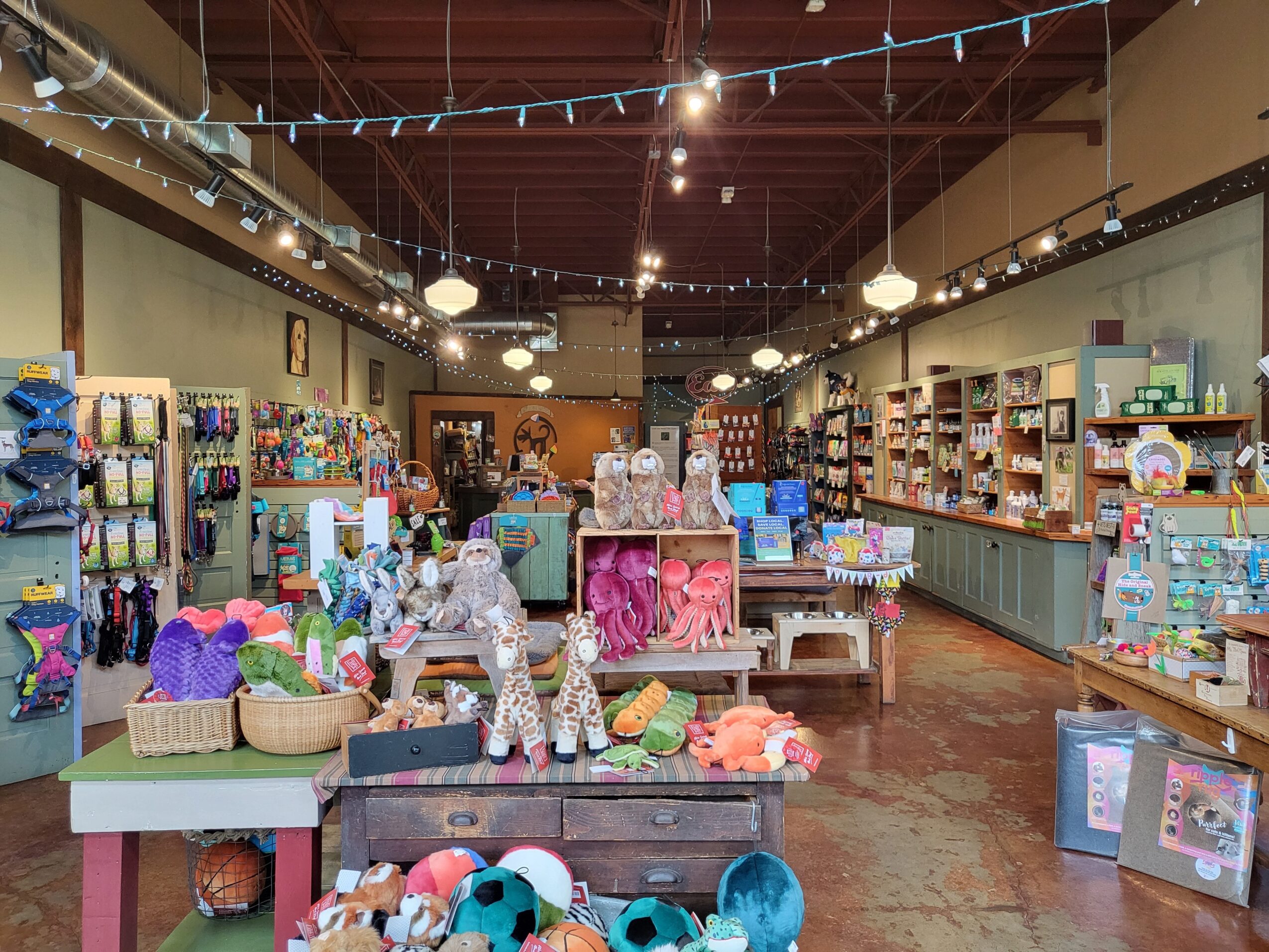 Toy store interior with shelves and tables filled with stuffed animals, toys, and colorful items, ceiling lights, and hanging decorations.