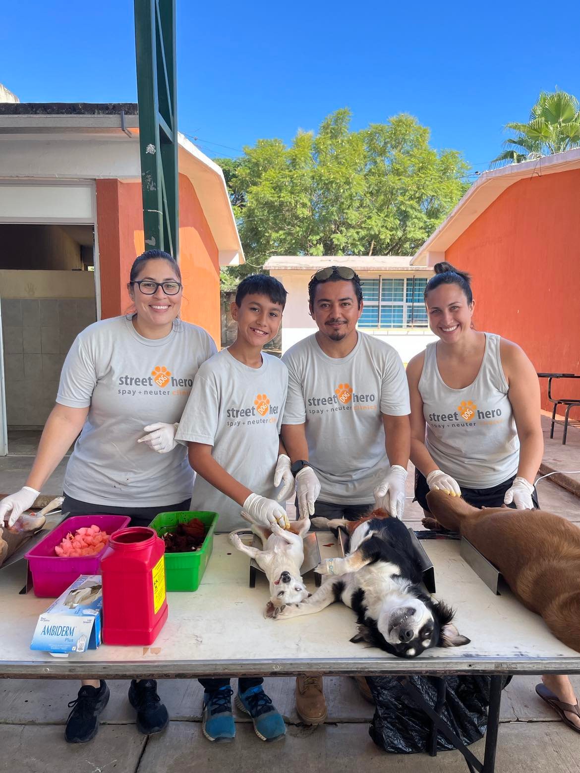 Four people in gray shirts stand behind a table with animals, outdoors with trees and buildings in background.