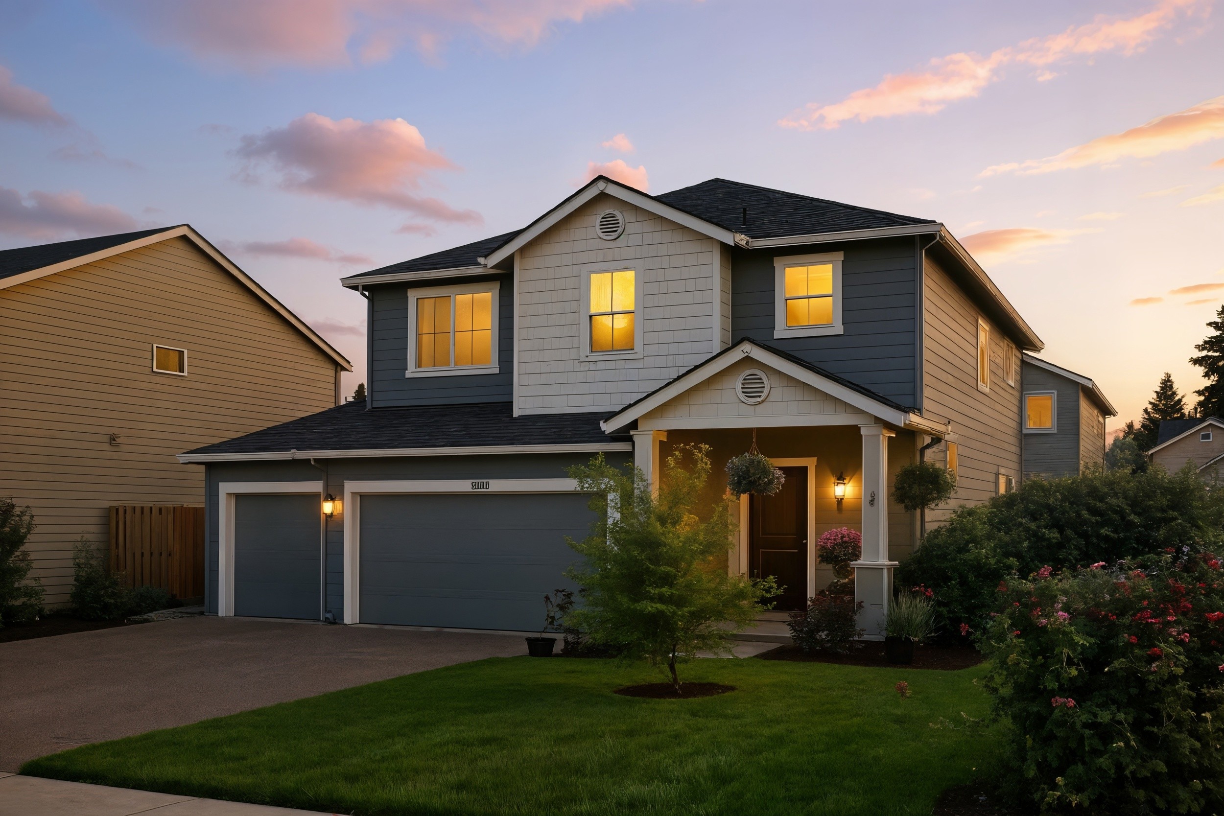Two-story house with a garage, front yard, and garden, under a sunset sky with pink and orange clouds.