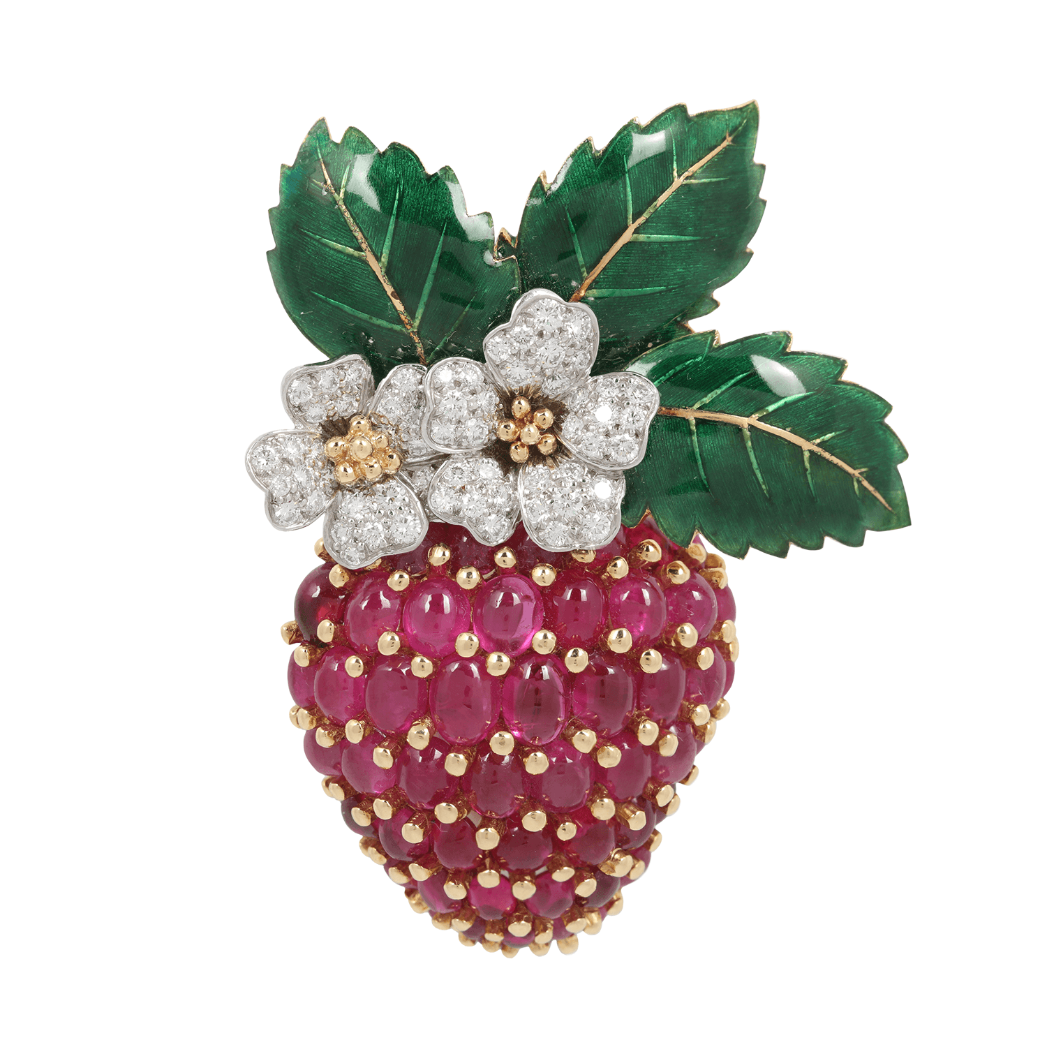 Decorative strawberry-shaped brooch with pink beads, white flower accents, and green leaves, adorned with gold details.