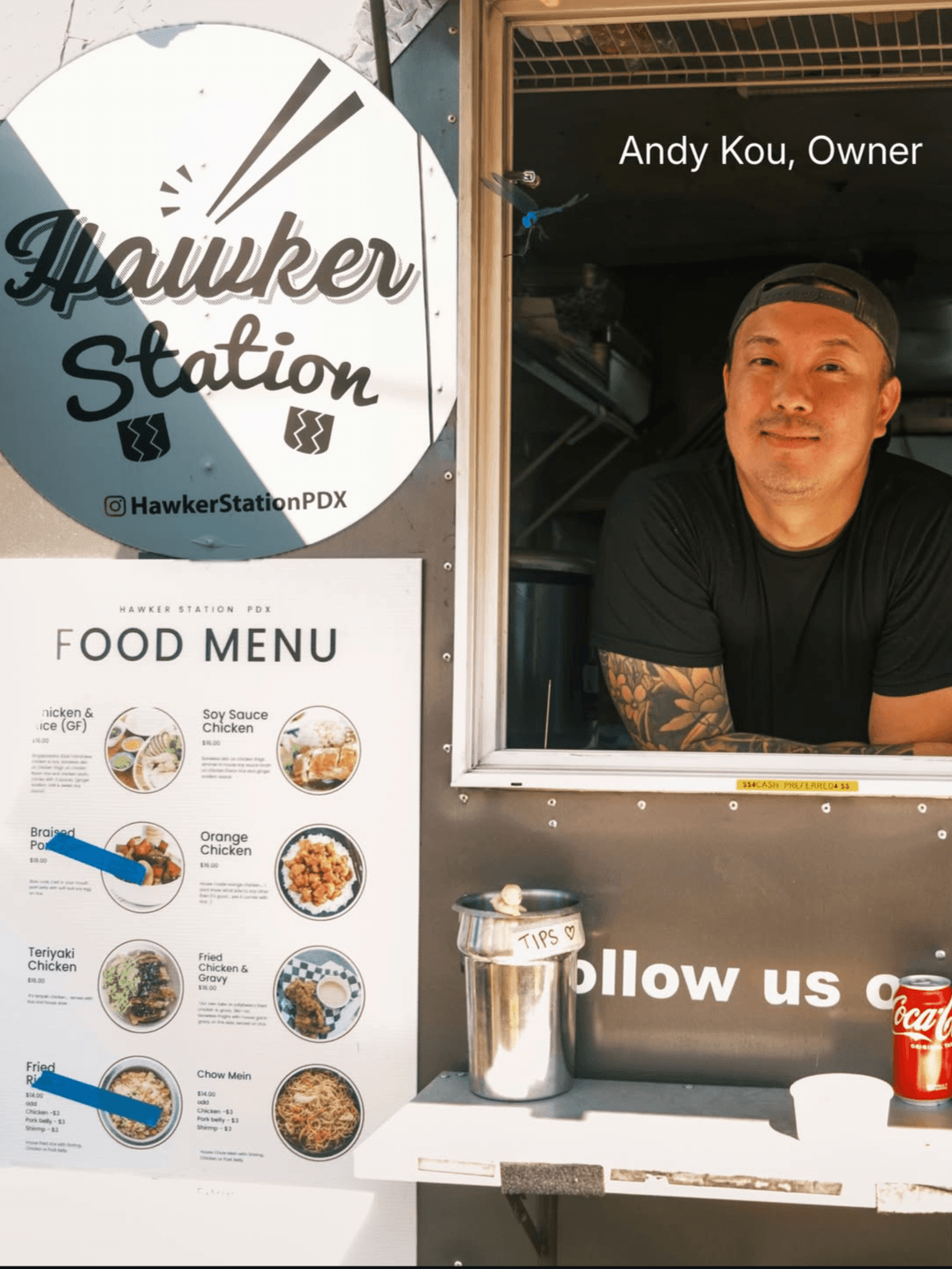 A person stands at a food truck window beside a Hawker Station sign and menu.
