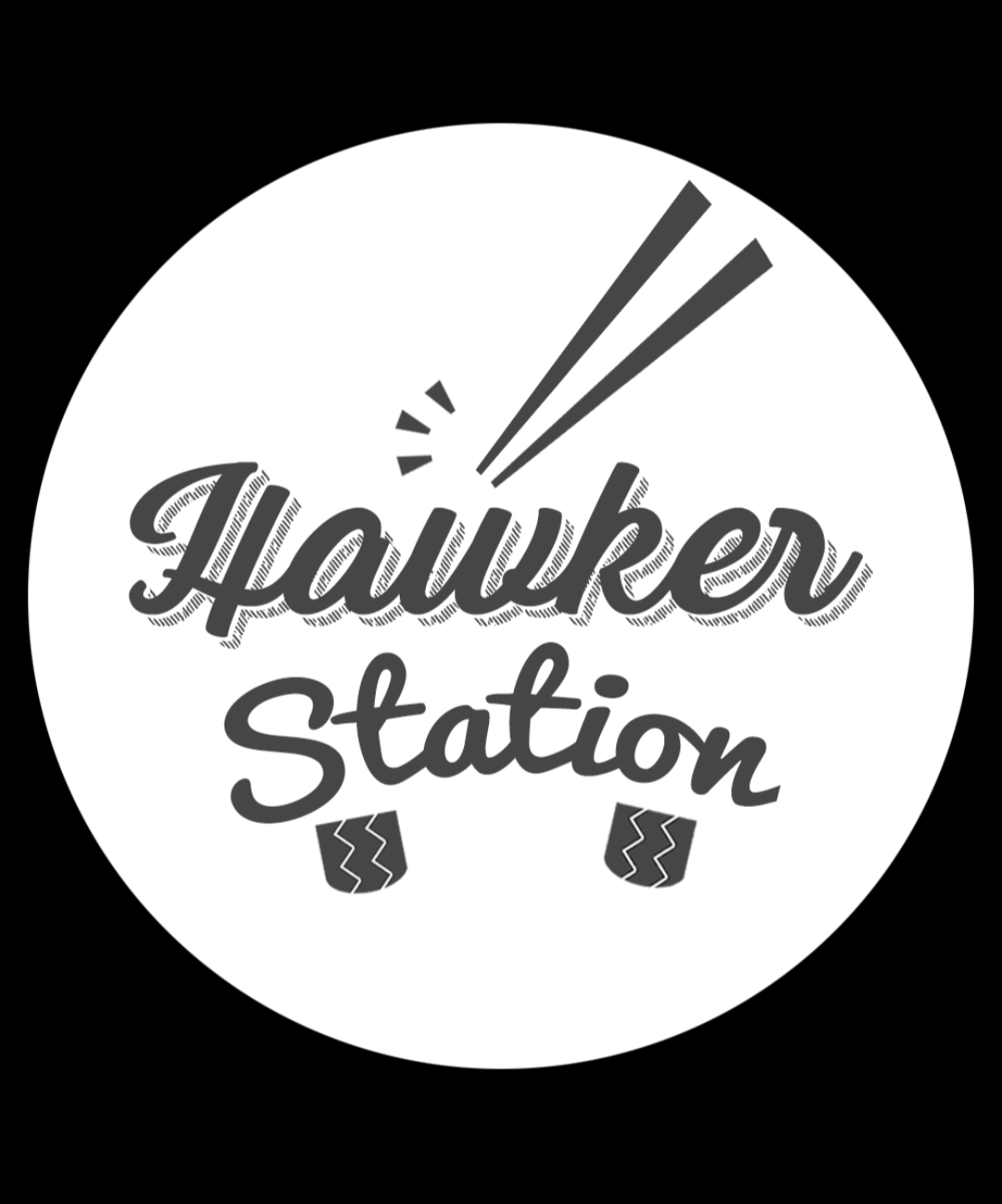 A white circular logo on black, with stylized text reading “Hawker Station” and two chopsticks above it.