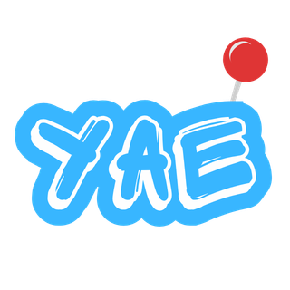 The word 'YAB' in stylized white letters with a blue outline and a red pushpin on a black background.