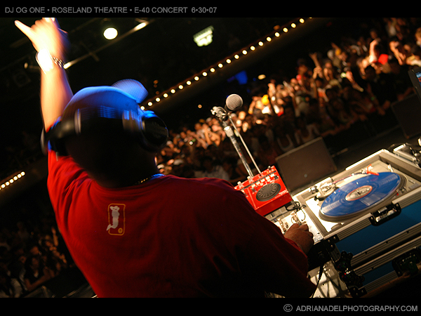DJ performing at a concert with a crowd in the background, turntables, and microphone setup, stage lights overhead, person wearing a red shirt.
