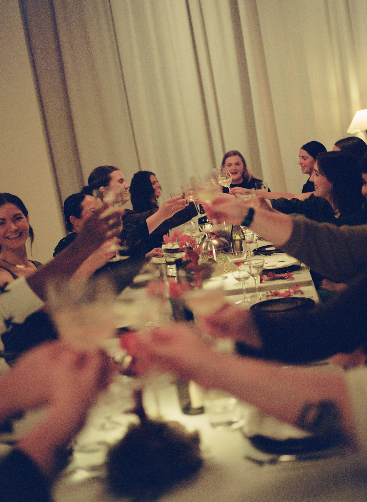 People sitting around a table raising glasses in a toast at a gathering, with a curtain backdrop and warm lighting.