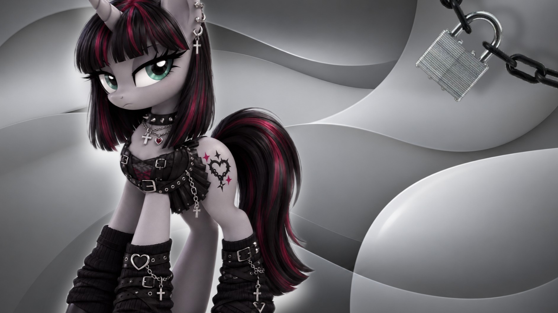 A stylized cartoon pony with dark hair, wearing accessories, in a grayscale background with chains and a lock.