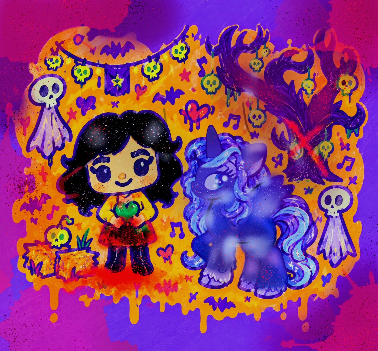 Cartoon girl with black hair and a red dress, blue unicorn, Halloween decorations, skulls, and a spooky tree on a colorful background.