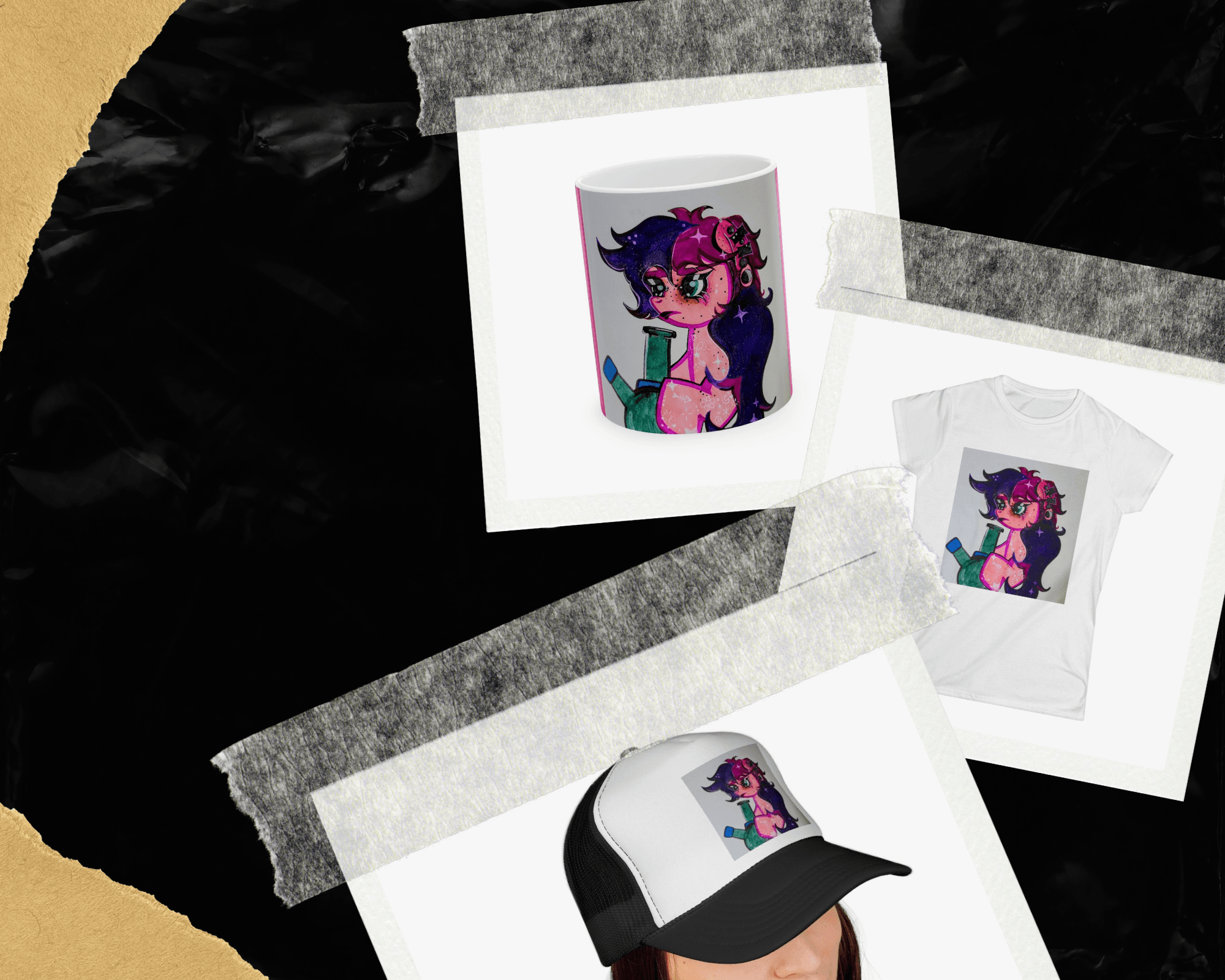 Polaroid photos of a colorful cartoon character with purple and pink hair, on a black background with tape and a cap.