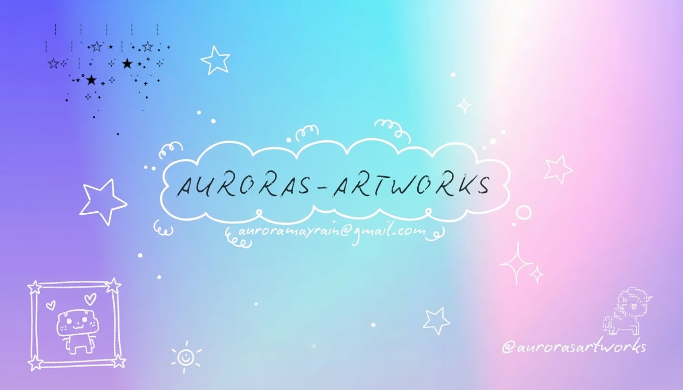 Gradient background with stars, a cloud with text, and a small character in a frame, with the text 'AURORAS-ARTWORKS'.