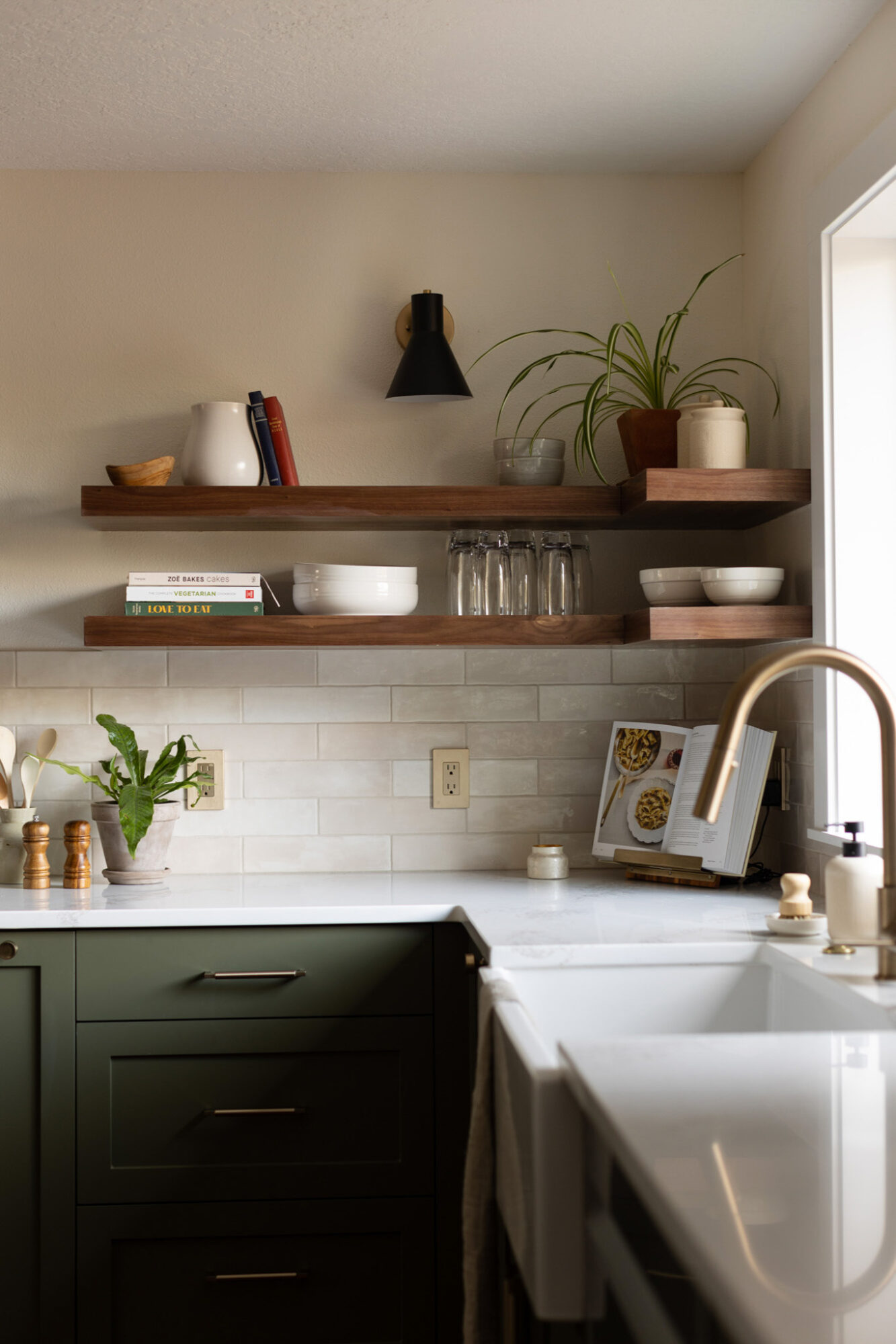 Kitchen with two wooden shelves, potted plant, books, bowls, and a window, with a sink and countertop below.