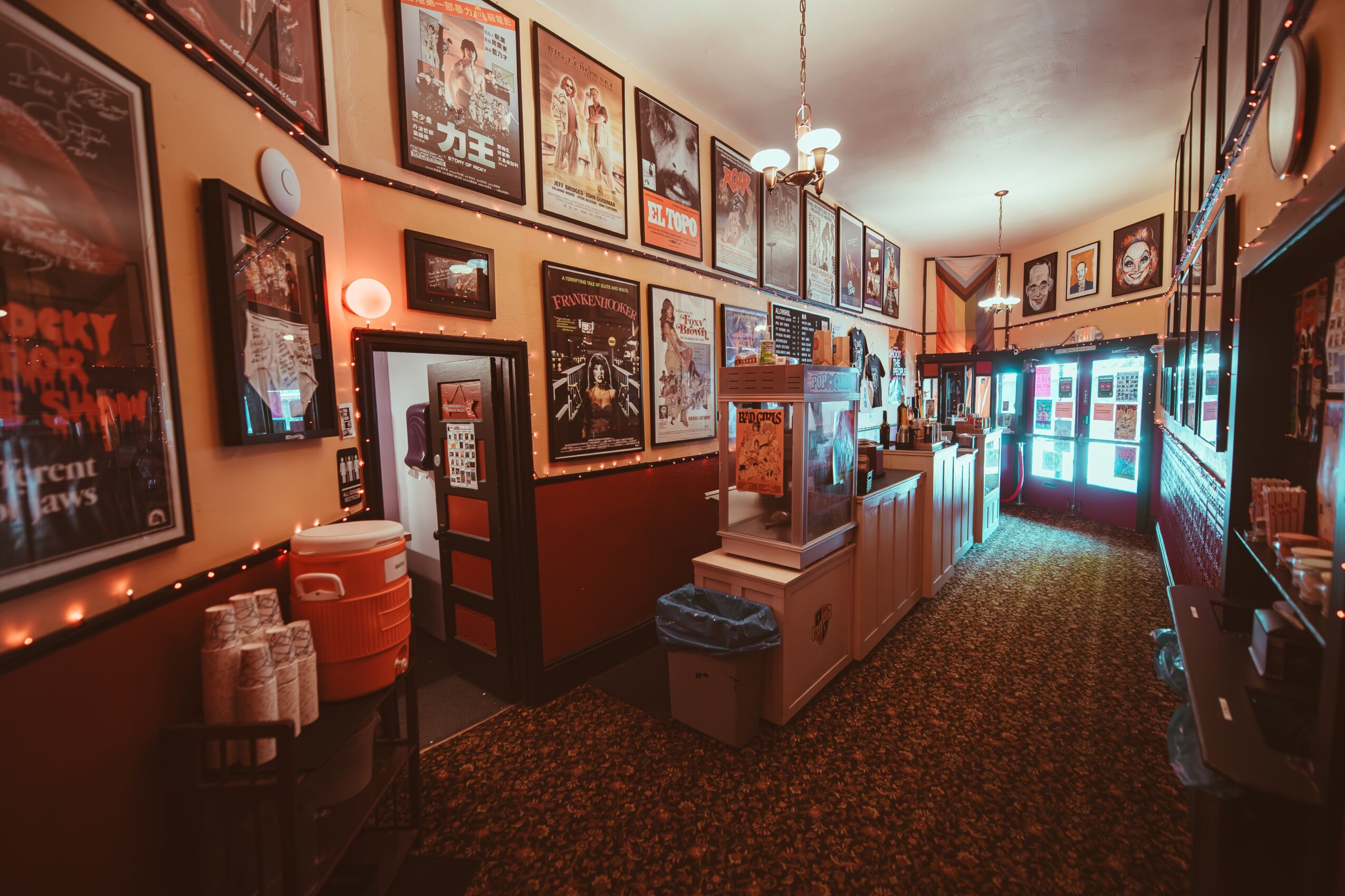 Interior of a movie theater lobby with framed posters on walls, a counter, and a carpeted floor, lit by ceiling lights.