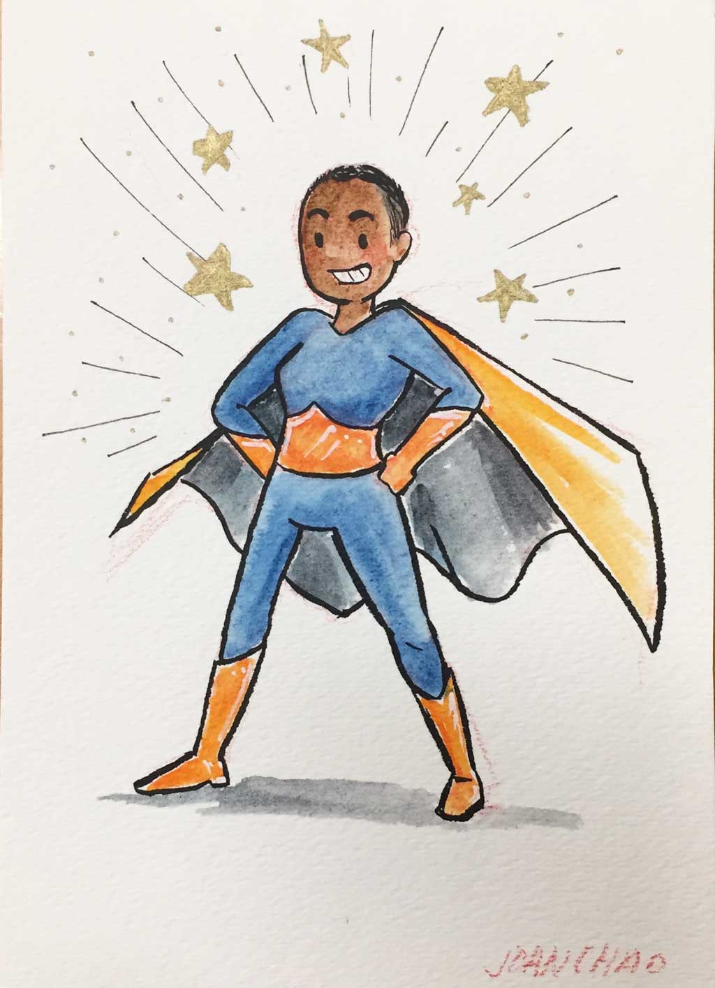 A cartoon superhero child with a cape, smiling confidently, surrounded by stars and lines indicating power or energy.
