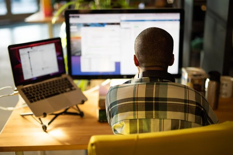 Person working at desk with two screens, one large monitor and a laptop, in a room with shelves and plants