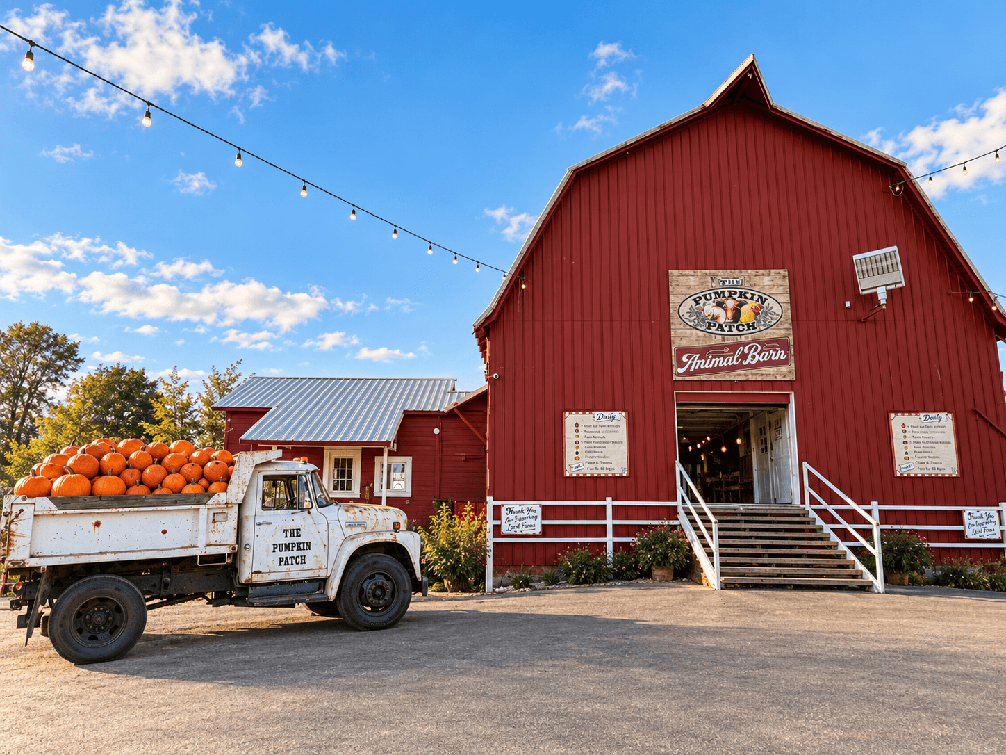 Red barn with a sign, white stairs, pumpkins on a truck, and string lights against a blue sky.
