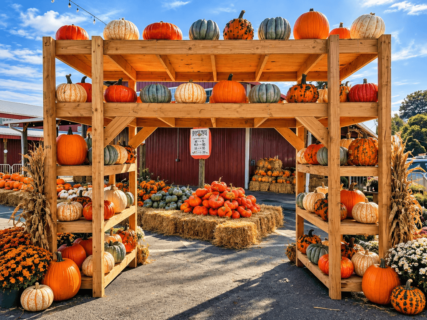 Wooden archway decorated with pumpkins and gourds, leading to a farm display with hay bales and pumpkins, under a blue sky.
