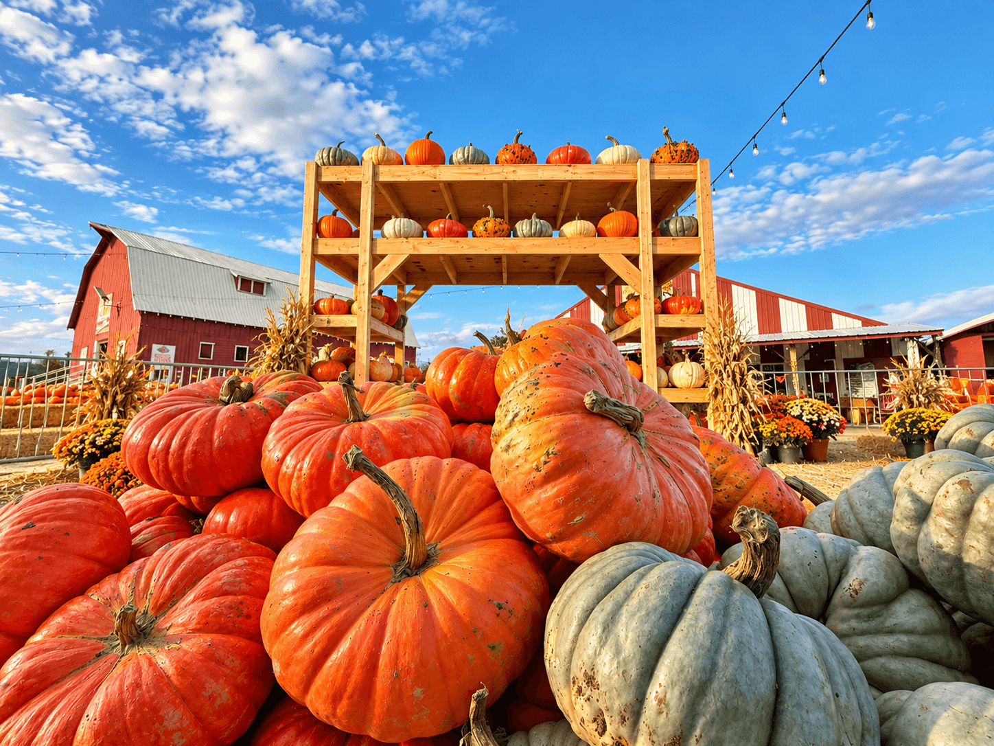Pumpkins and gourds displayed outdoors with a farm building in the background, under a blue sky with clouds.