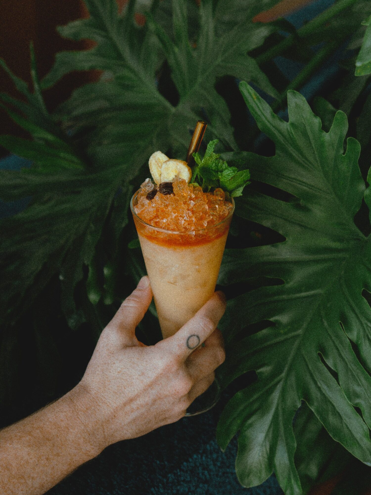 Hand holding a tropical drink with ice, garnished with fruit and herbs, against large green leaves background.