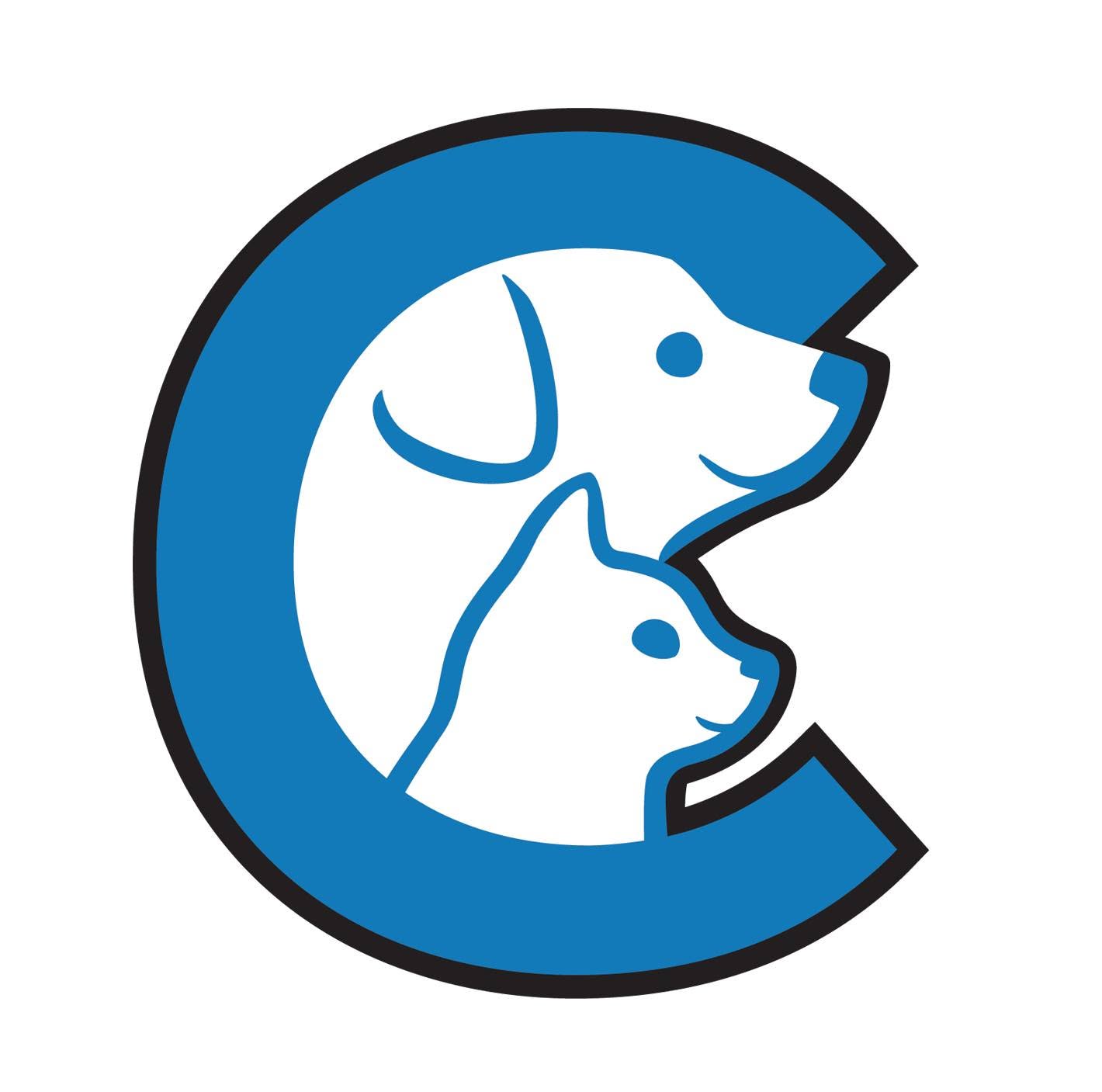 Logo with a blue circle containing a white dog and a white cat, both facing right, with a cutout shape.