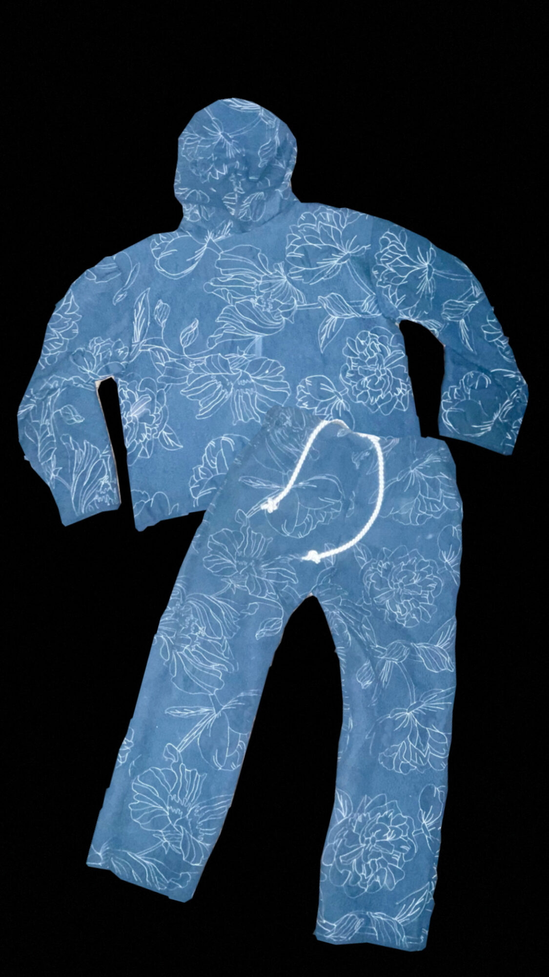 Blue patterned silhouette of a person on a black background, with a white curved line across the hips.