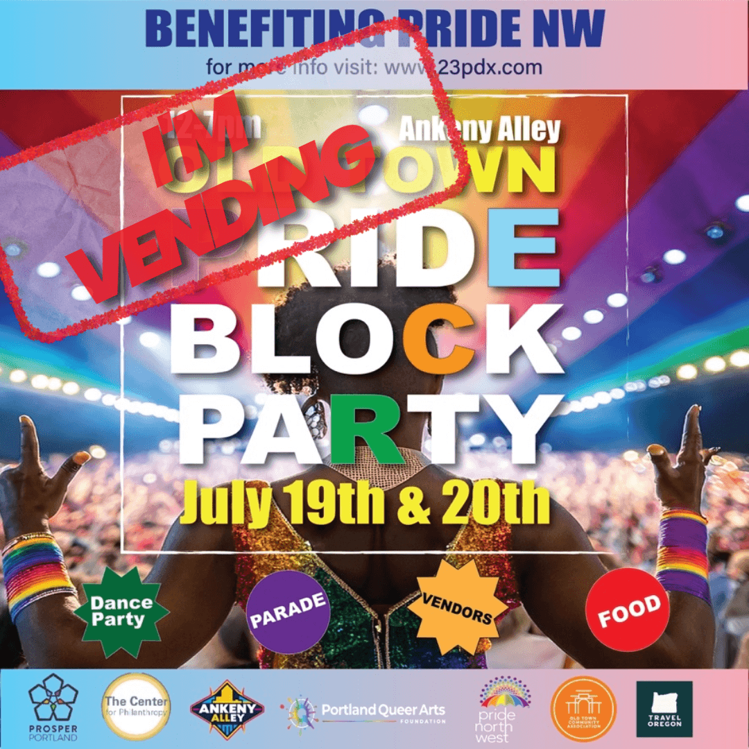 Colorful Pride event poster advertising a block party on July 19th and 20th, with raised hands and event logos.