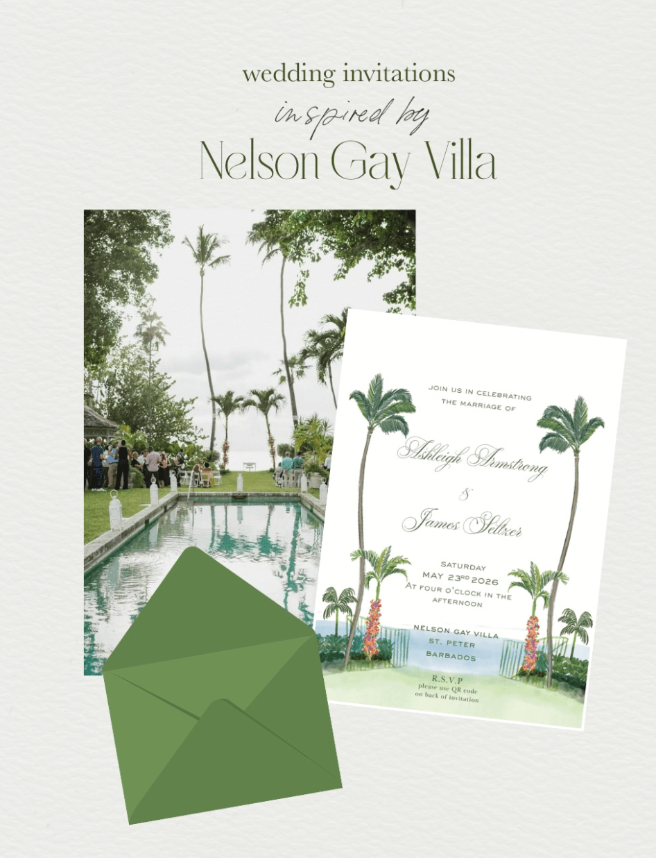 Wedding invitation cards with a tropical garden and pool photograph, displayed beside a green envelope.