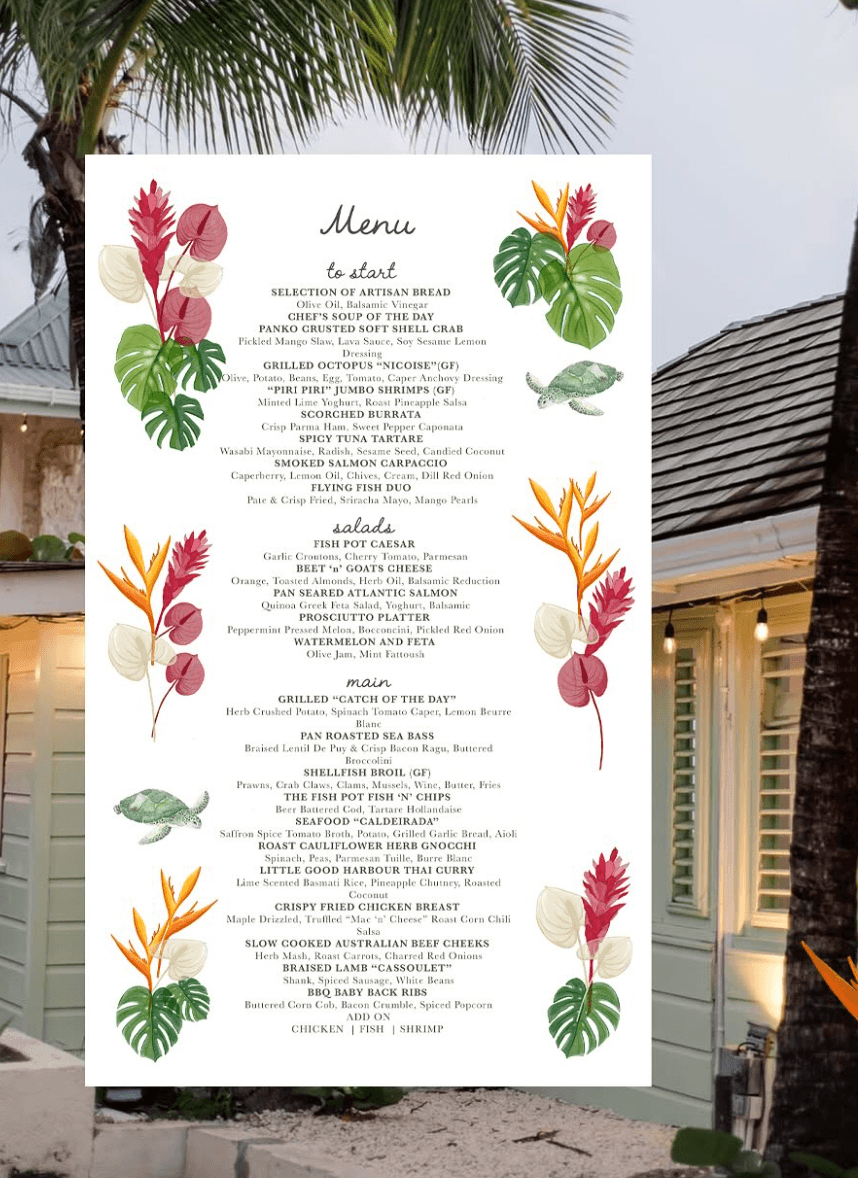 Menu card displayed between two buildings beneath palm fronds, with tropical leaf illustrations and small printed text.