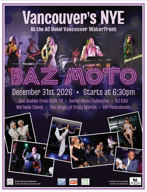 Concert poster for Vancouver’s NYE at the AC Hotel, featuring performers, event details, and small performance photos.