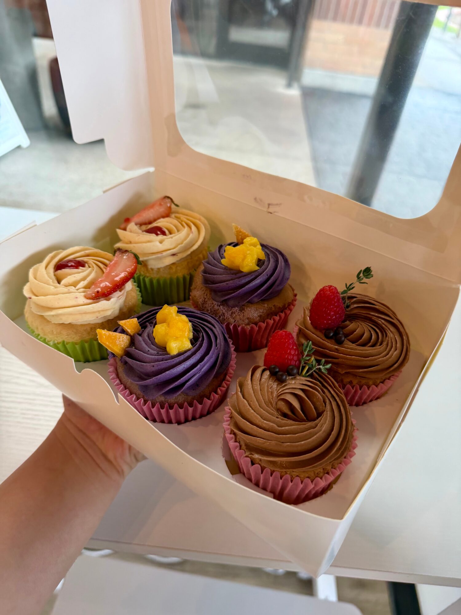 Open box holding six decorated cupcakes with colorful frosting and fruit toppings, carried by a person near a window.