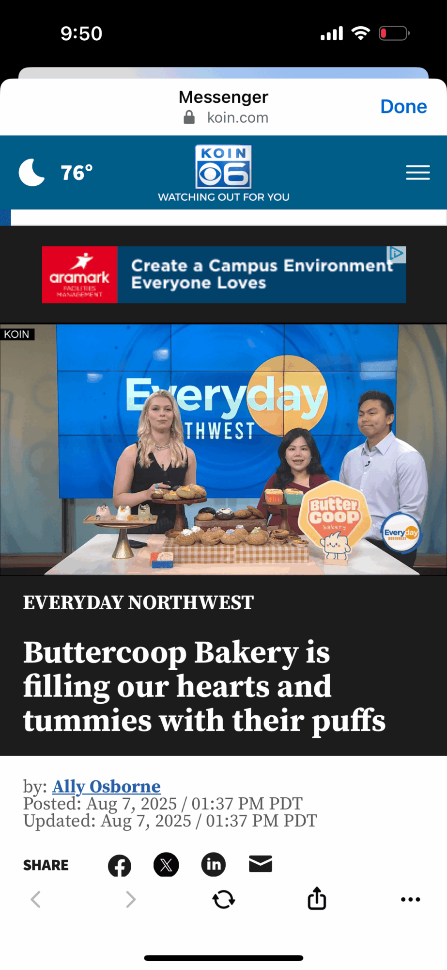 Phone screenshot of an Everyday Northwest article about Buttercup Bakery, with two people behind a counter and a bakery display.