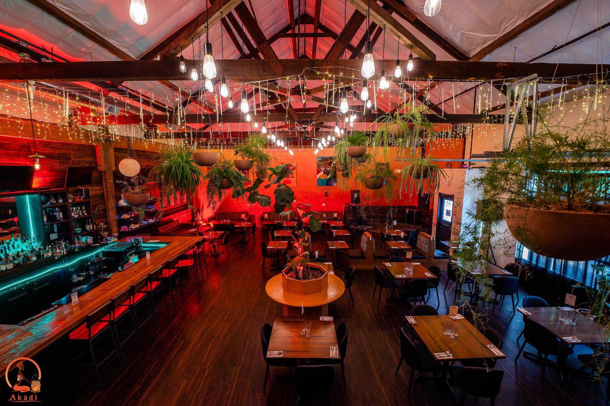 Interior of a restaurant with wooden tables, hanging plants, pendant lights, and red accent lighting.