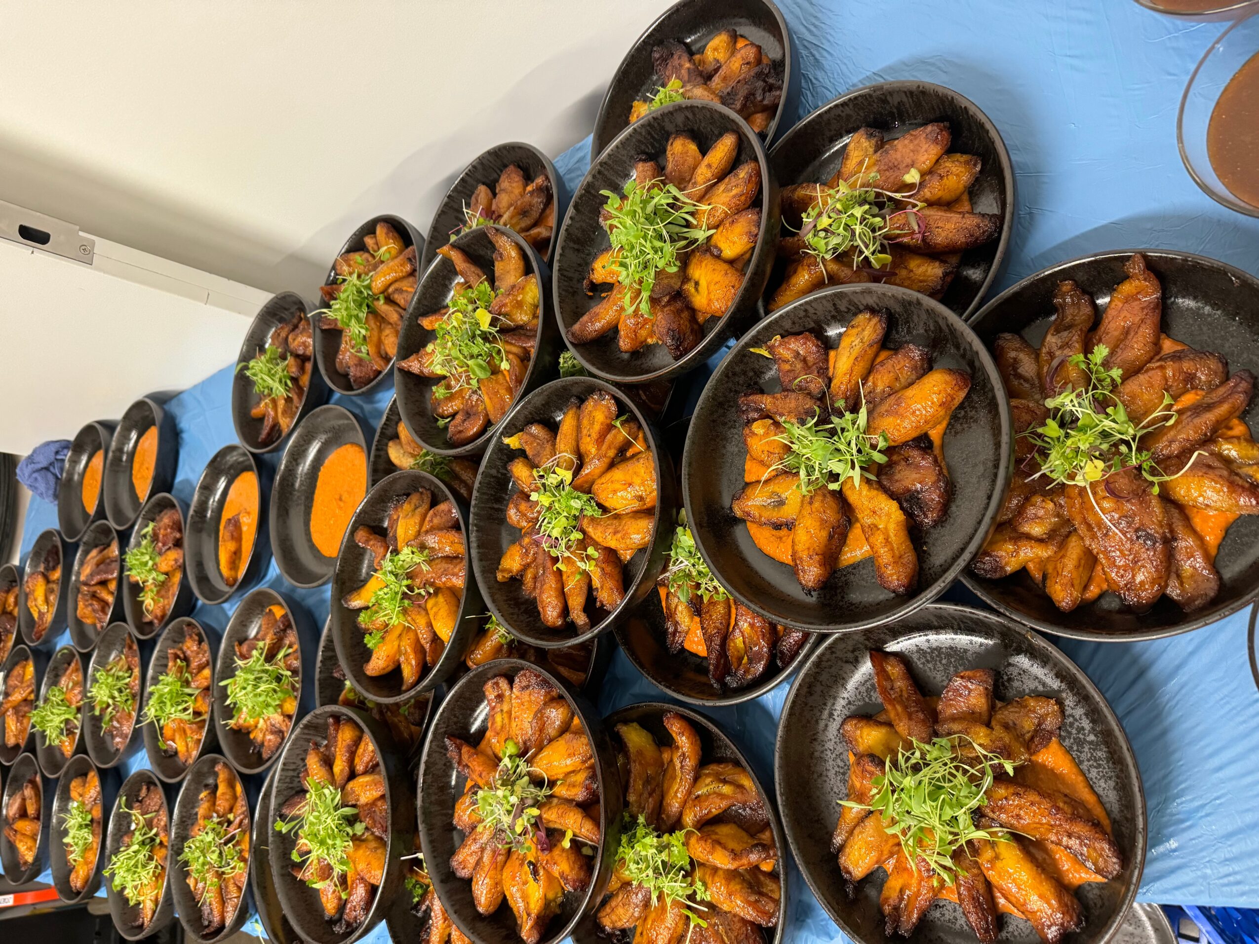 Rows of black bowls filled with orange and brown food, garnished with greens, on a blue surface.