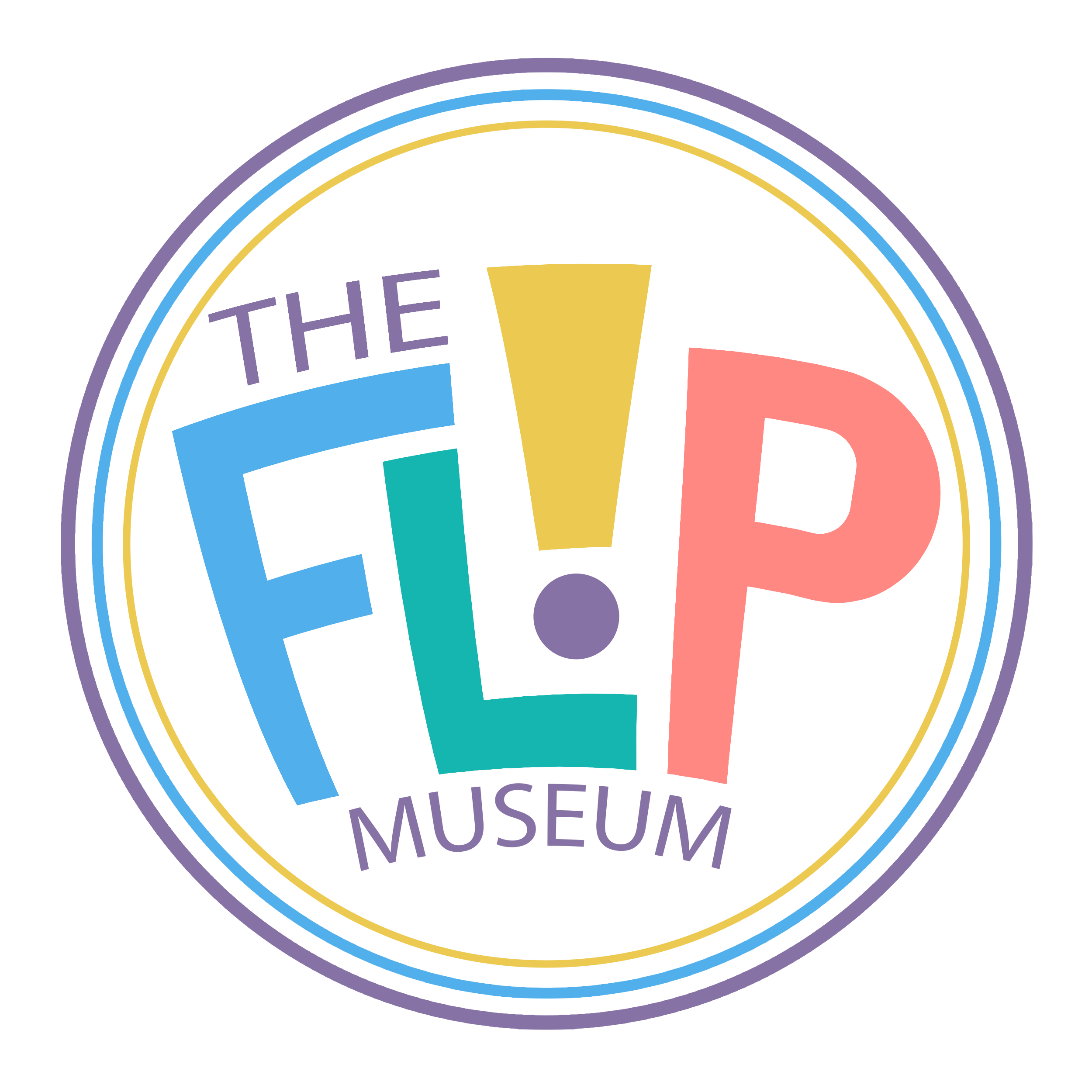Circular black logo with colorful lettering reading “THE FL!P MUSEUM.”