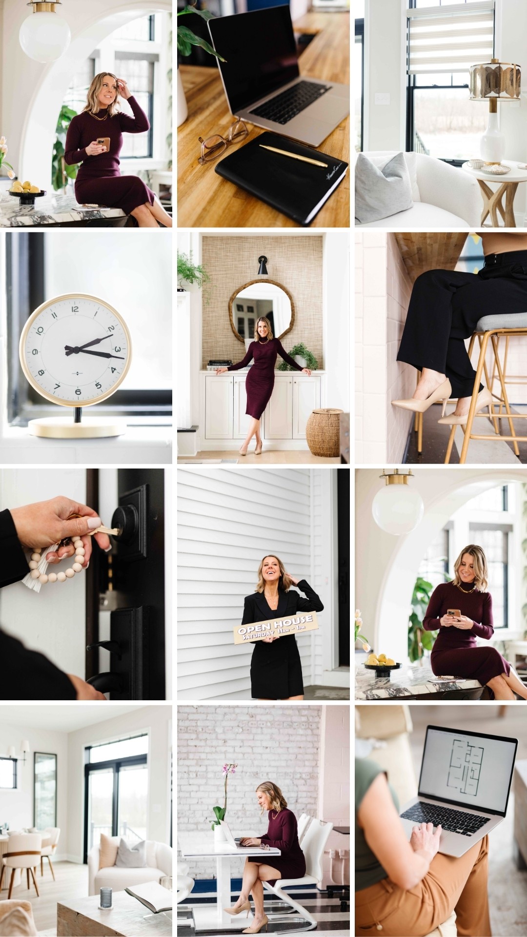 Nine-panel collage showing people using laptops and a smartphone, a wall clock, and bright home interiors.