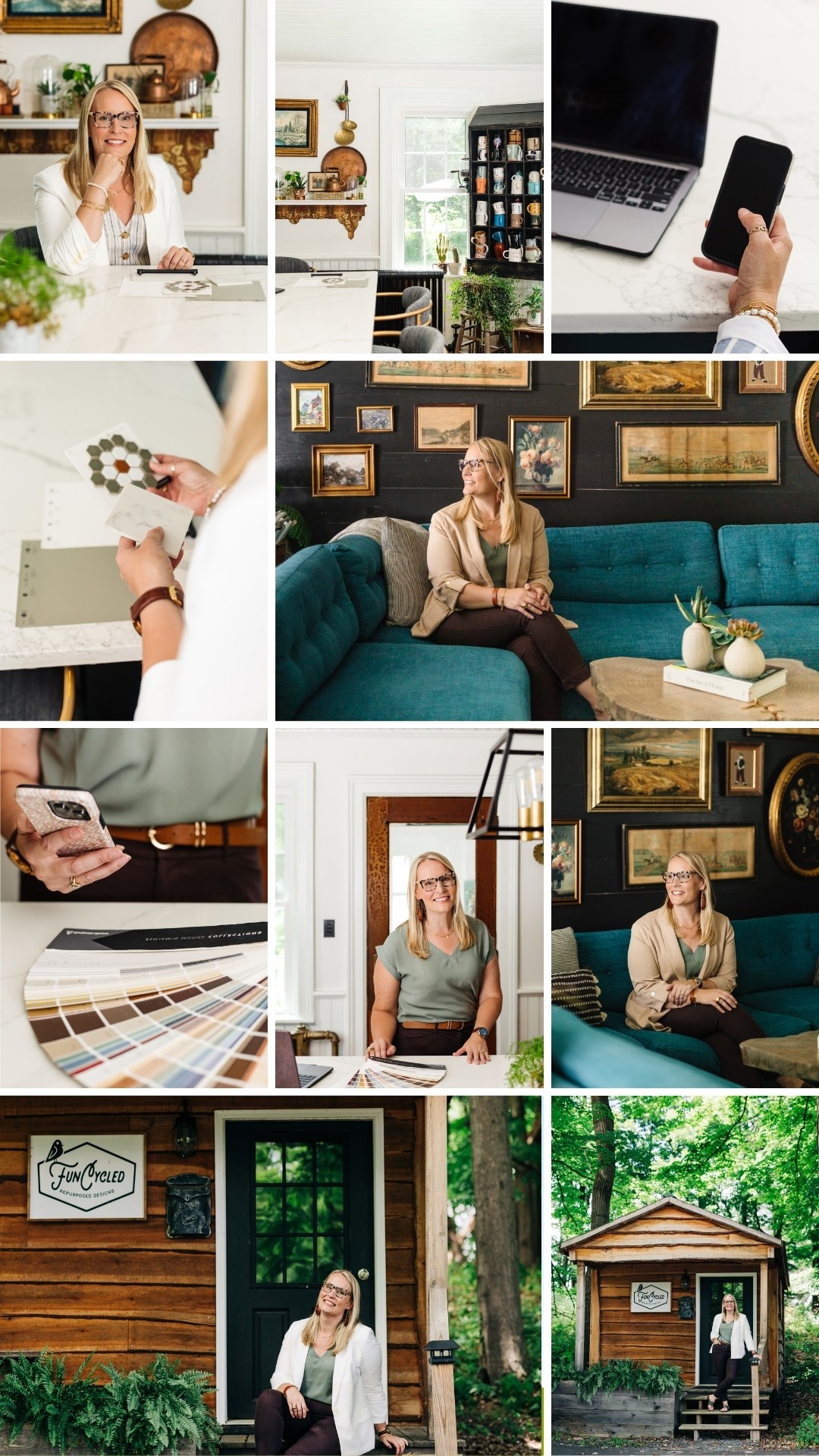 Collage of people in home interiors, using a laptop and phone, selecting paint colors, and standing outside a small cabin.