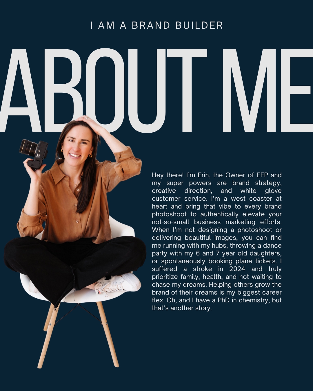 A woman holding a camera sits beneath large “About Me” text on a dark background.