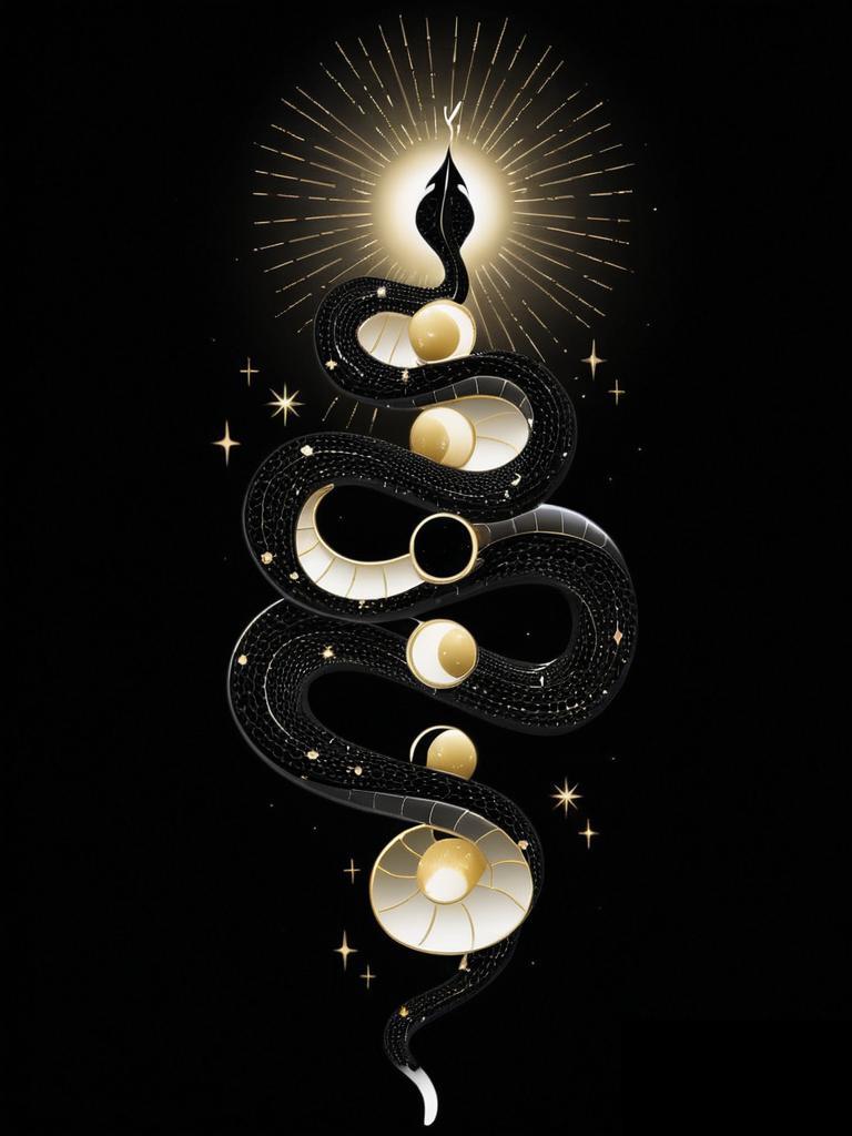 A black snake with gold accents coils around glowing gold and white spheres beneath a radiant light.