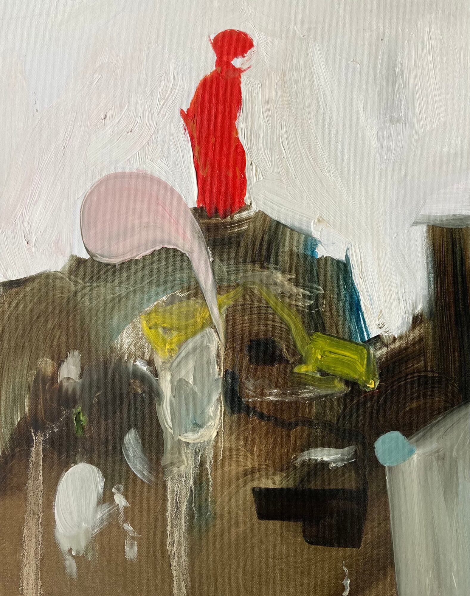 Abstract painting with a red standing figure above layered brown, green, white, and pink brushstrokes.