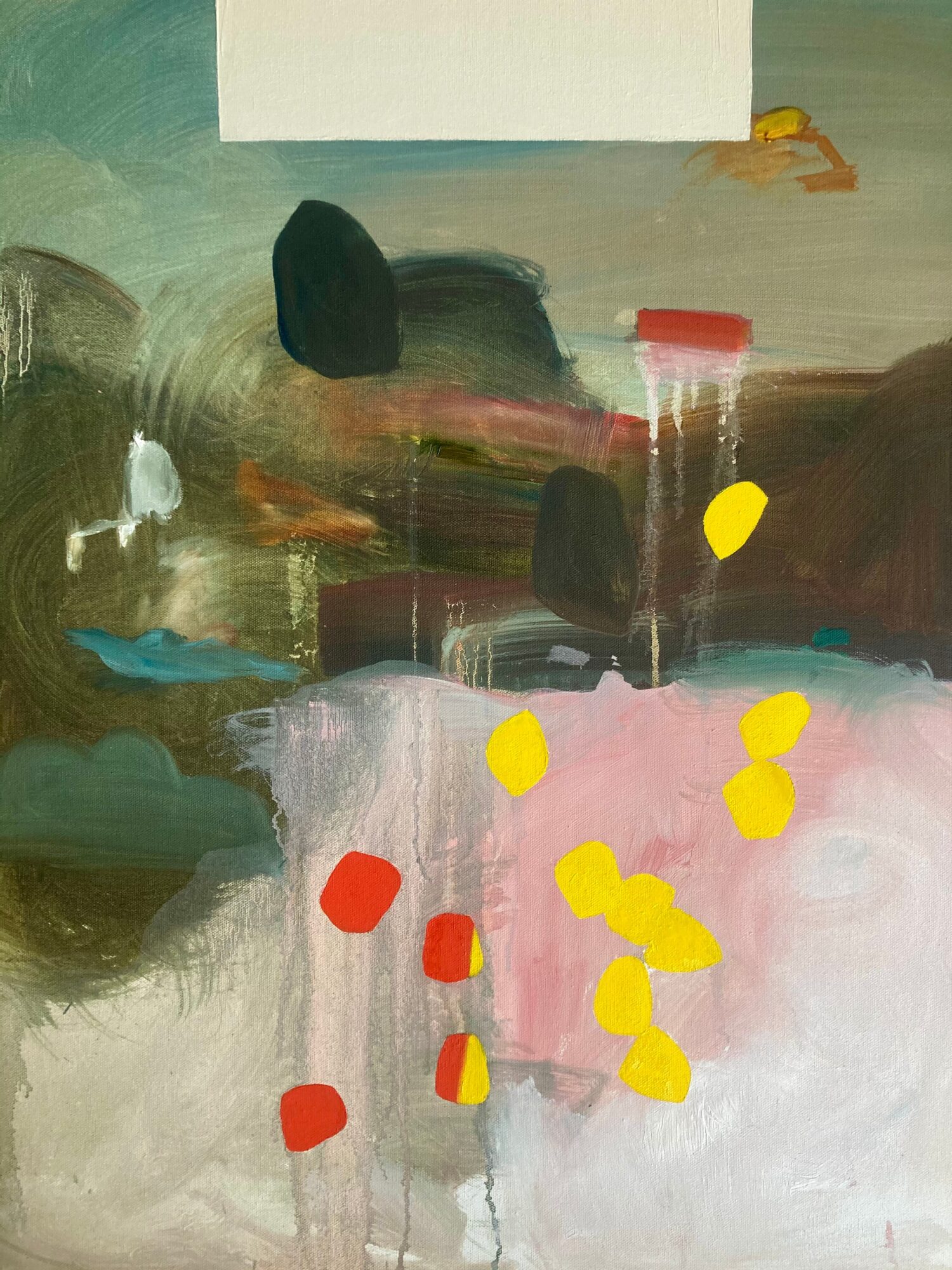 Abstract painting with layered green and brown shapes, a pink-and-white area, and scattered yellow and red marks.