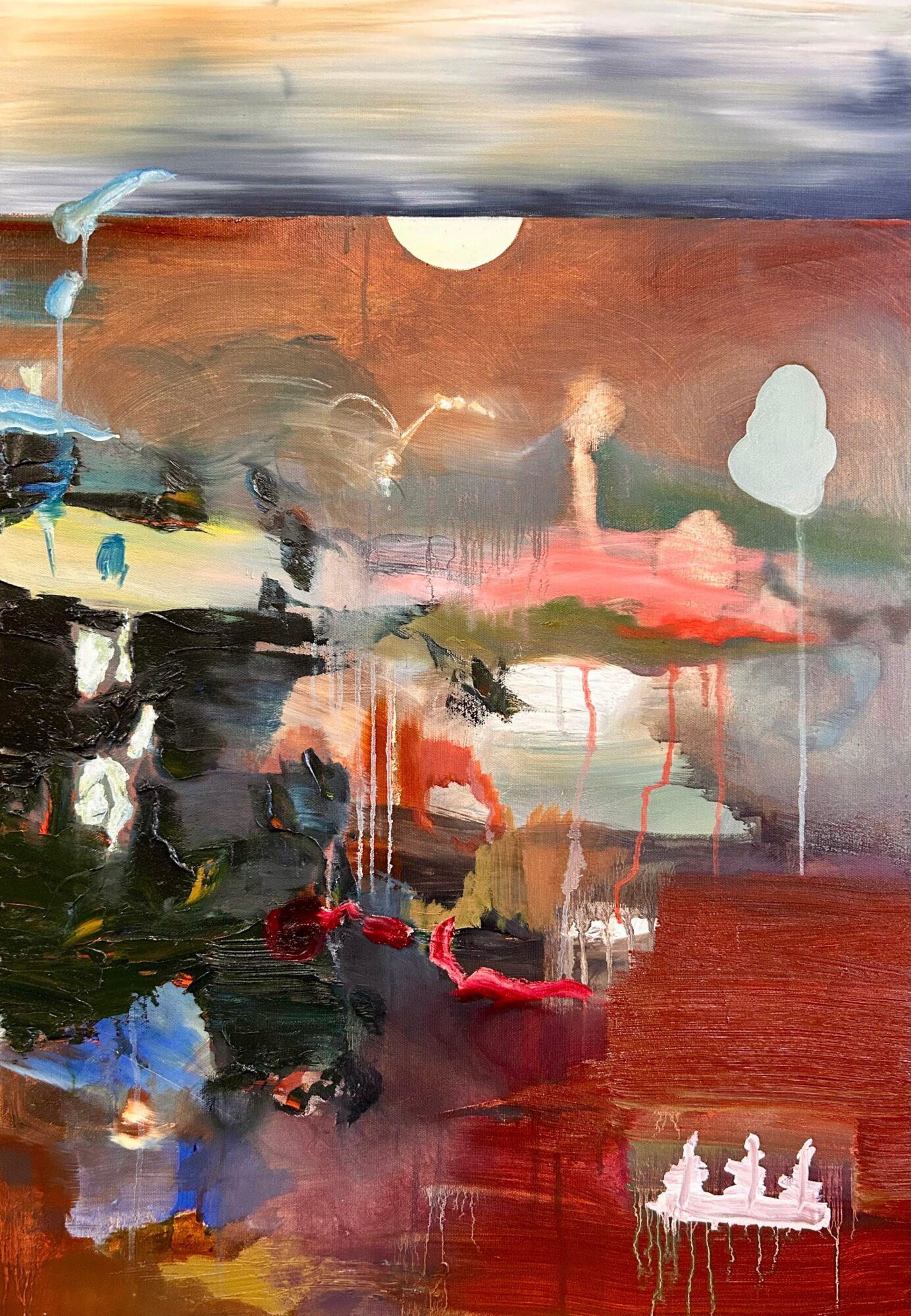 Abstract painting with a cloudy horizontal band, red and brown fields, colorful textures, and small white figures near the bottom.