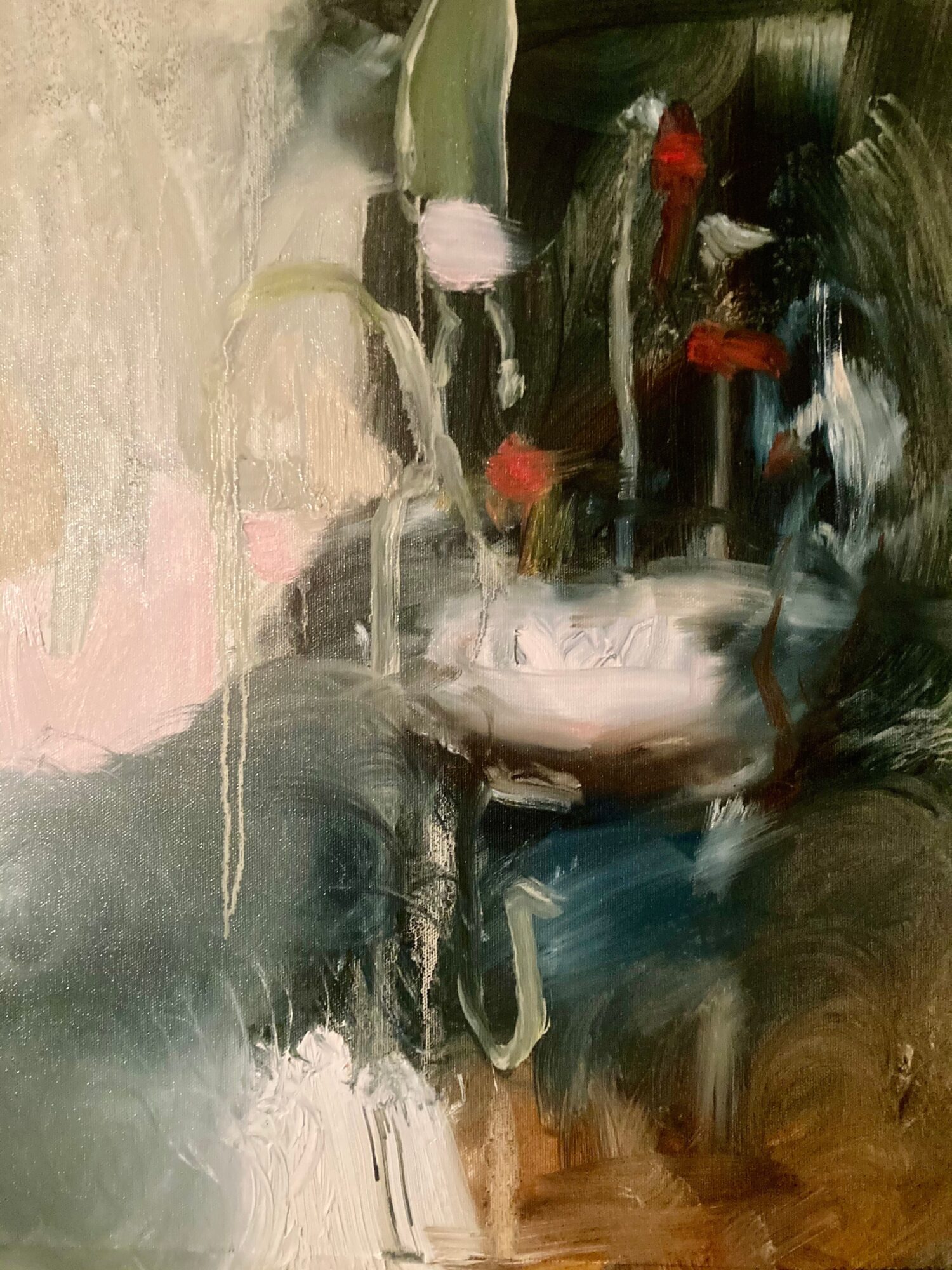 Abstract painting with layered brushstrokes in muted green, gray, pink, and orange.