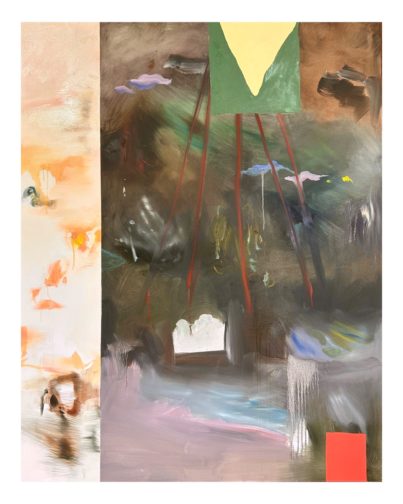 Abstract painting with layered earthy colors, red vertical lines, a yellow triangular shape, and a red rectangle.