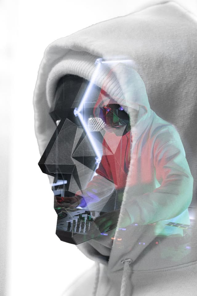 A person in a light-colored hood wears a dark face mask with colorful reflections and geometric overlays.