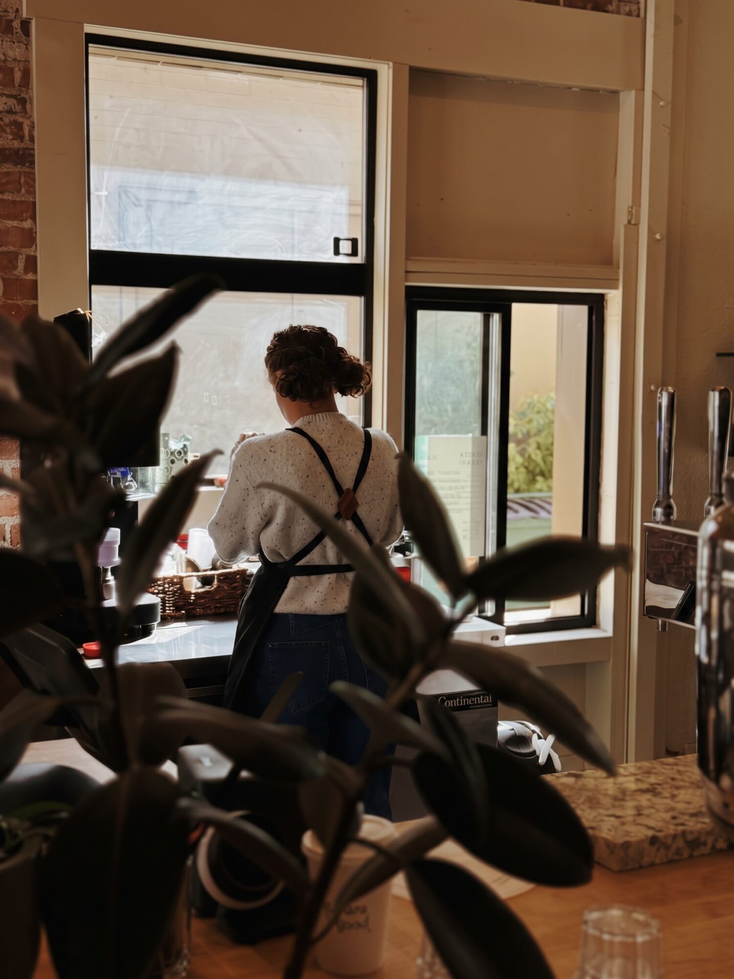 Person standing at a counter near large windows, with leafy plants in the foreground.